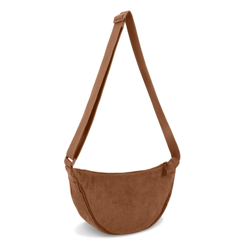 EVGLOW Corduroy Crescent Crossbody Bag for Women Purses Trendy Men,Small Hobo Sling bag Half Moon Shoulder Bag,Round Lightweight Waist Fanny Pack with Zip Adjustable Strap for Travel Daily Use(Small Brown) - Image 1