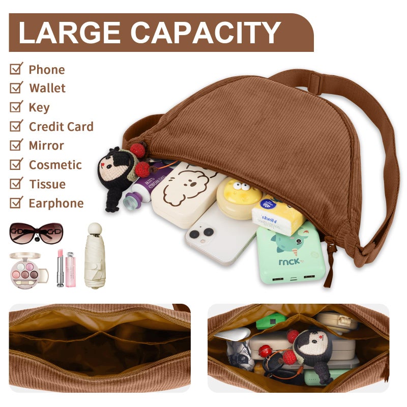 EVGLOW Corduroy Crescent Crossbody Bag for Women Purses Trendy Men,Small Hobo Sling bag Half Moon Shoulder Bag,Round Lightweight Waist Fanny Pack with Zip Adjustable Strap for Travel Daily Use(Small Brown) - Image 5