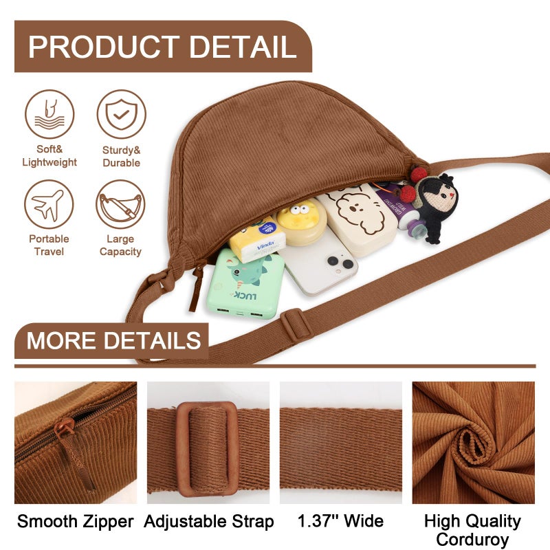 EVGLOW Corduroy Crescent Crossbody Bag for Women Purses Trendy Men,Small Hobo Sling bag Half Moon Shoulder Bag,Round Lightweight Waist Fanny Pack with Zip Adjustable Strap for Travel Daily Use(Small Brown) - Image 4