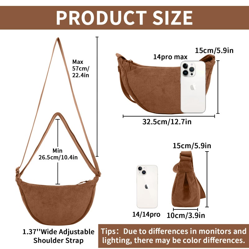 EVGLOW Corduroy Crescent Crossbody Bag for Women Purses Trendy Men,Small Hobo Sling bag Half Moon Shoulder Bag,Round Lightweight Waist Fanny Pack with Zip Adjustable Strap for Travel Daily Use(Small Brown) - Image 3
