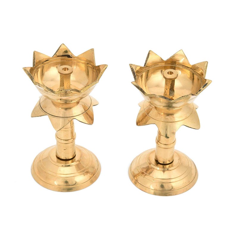 Stotram Stotram Pure Brass Diya for Puja Temaple Decoration Lotus Shape Pillar Stand Oil Lamp Home Mandir Pooja Articles Decor Gifts Diya Kuber Deepam Deepak Height 4 Inch Two 
