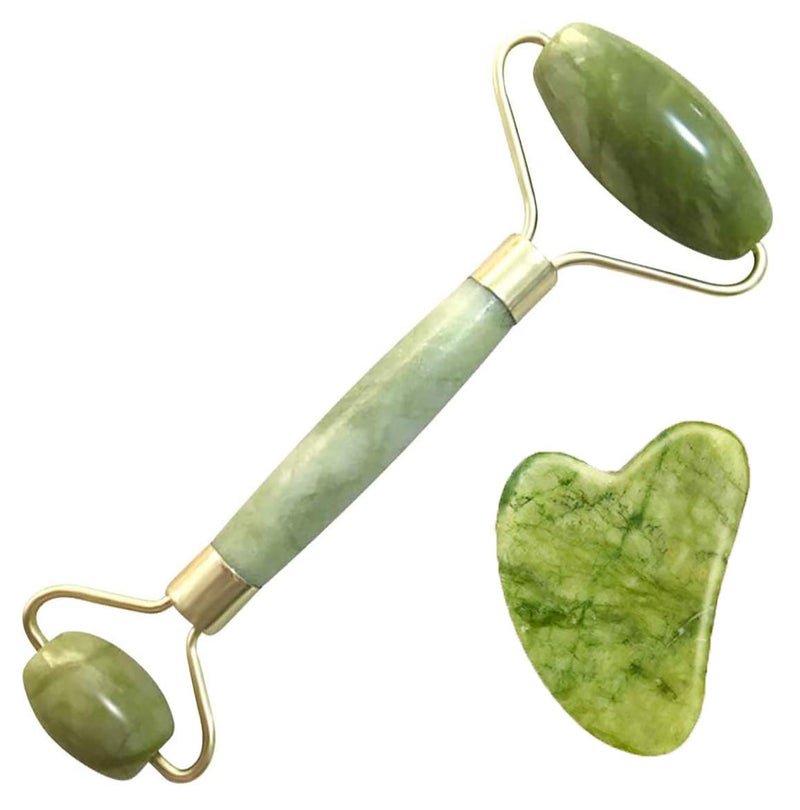 Archen Jade Roller & Gua Sha Massage Kits, Natural Anti-Aging Facial Massage Roller，for Eye Puffiness & Dark Circles Treatment, Skin Tightening, Rejuvenate Face & Neck, Reduce Wrinkles, Natural Green