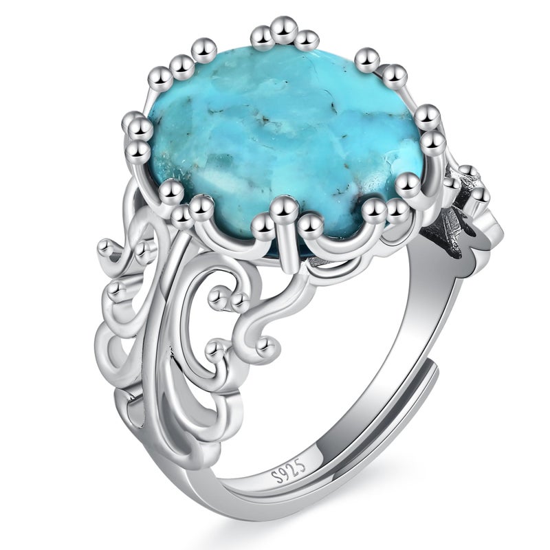 AVECON Turquoise Rings for Women 925 Sterling Silver Statement Ring with Oval Cut 12 * 14mm Turquoise Womens Adjustable Vintage Filigree Rings fit Size 6-9 - Image 3