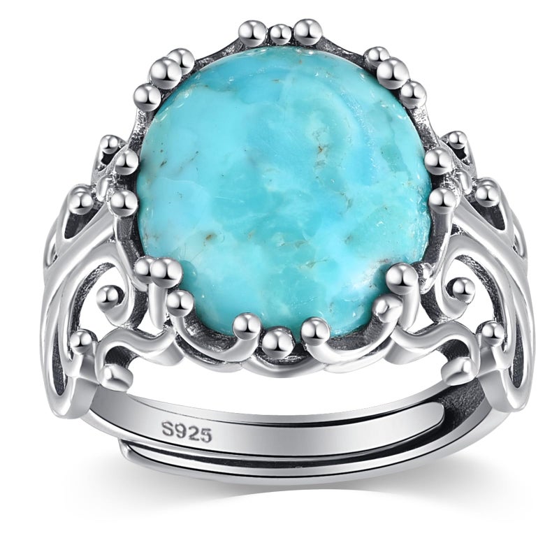 AVECON Turquoise Rings for Women 925 Sterling Silver Statement Ring with Oval Cut 12 * 14mm Turquoise Womens Adjustable Vintage Filigree Rings fit Size 6-9 - Image 1
