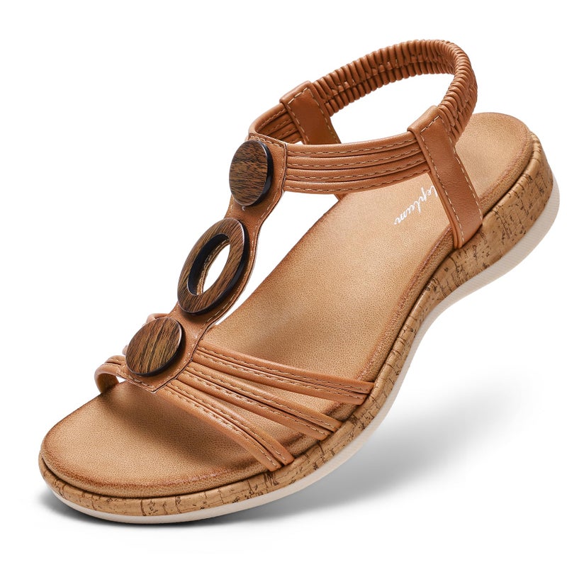 Littleplum Women Flats Sandals Arch Support Open-Toe Casual Summer Low Wedge Shoes for Daily Beach Walking Dressy Comfy Sandals Fashion Brown Size 9 - Image 1