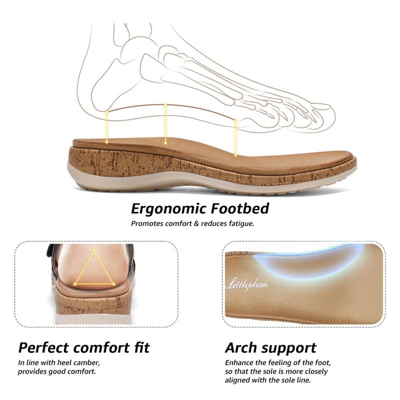 Littleplum Women Flats Sandals Arch Support Open-Toe Casual Summer Low Wedge Shoes for Daily Beach Walking Dressy Comfy Sandals Fashion Brown Size 9 - Image 3