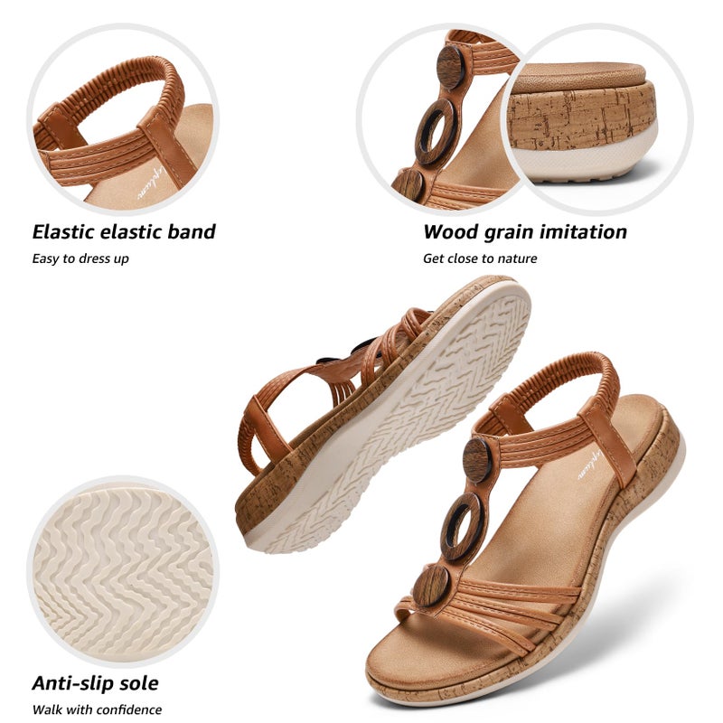Littleplum Women Flats Sandals Arch Support Open-Toe Casual Summer Low Wedge Shoes for Daily Beach Walking Dressy Comfy Sandals Fashion Brown Size 9 - Image 4
