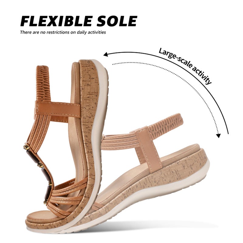 Littleplum Women Flats Sandals Arch Support Open-Toe Casual Summer Low Wedge Shoes for Daily Beach Walking Dressy Comfy Sandals Fashion Brown Size 9 - Image 5