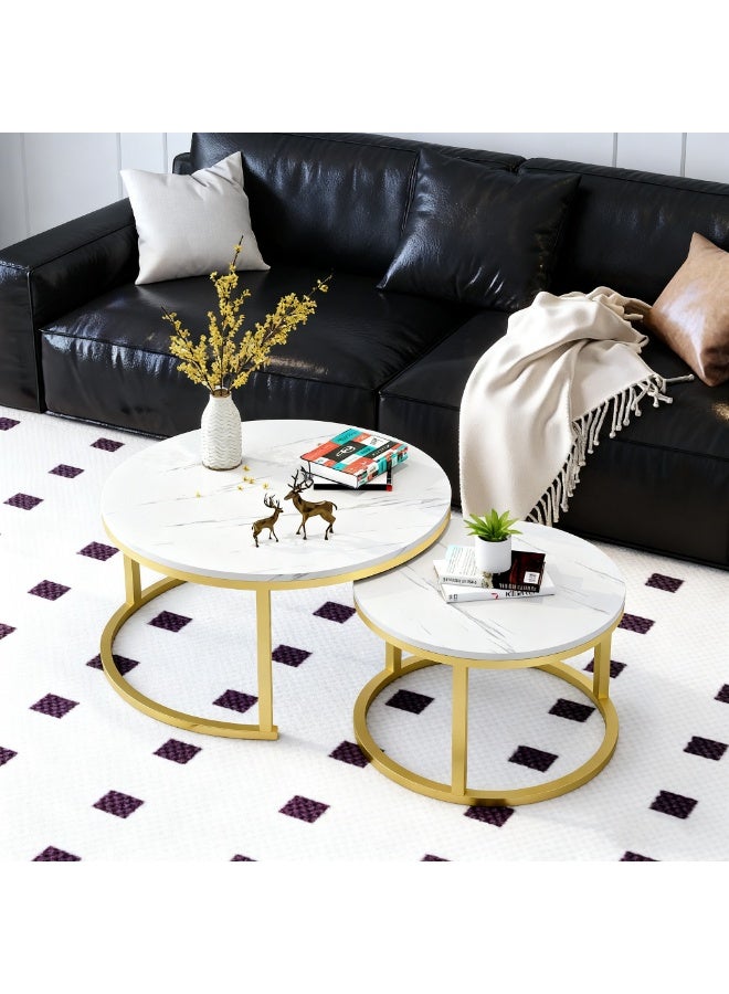 2PCS Round Nesting Coffee Tables Set, Nordic End Table Center Table Sofa Side Table for Living Room Bedroom Office, Marble-look Top with Metal Frame, 50CM+70CM - Image 5