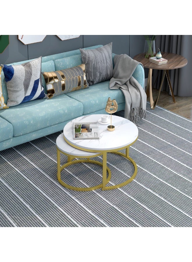 2PCS Round Nesting Coffee Tables Set, Nordic End Table Center Table Sofa Side Table for Living Room Bedroom Office, Marble-look Top with Metal Frame, 50CM+70CM - Image 4