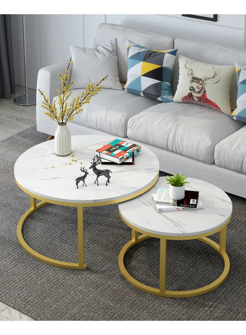 2PCS Round Nesting Coffee Tables Set, Nordic End Table Center Table Sofa Side Table for Living Room Bedroom Office, Marble-look Top with Metal Frame, 50CM+70CM - Image 1
