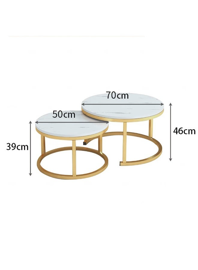 2PCS Round Nesting Coffee Tables Set, Nordic End Table Center Table Sofa Side Table for Living Room Bedroom Office, Marble-look Top with Metal Frame, 50CM+70CM - Image 2