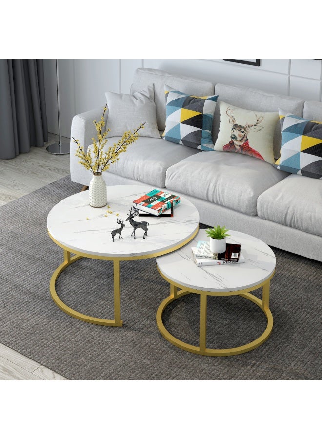 2PCS Round Nesting Coffee Tables Set, Nordic End Table Center Table Sofa Side Table for Living Room Bedroom Office, Marble-look Top with Metal Frame, 50CM+70CM - Image 3