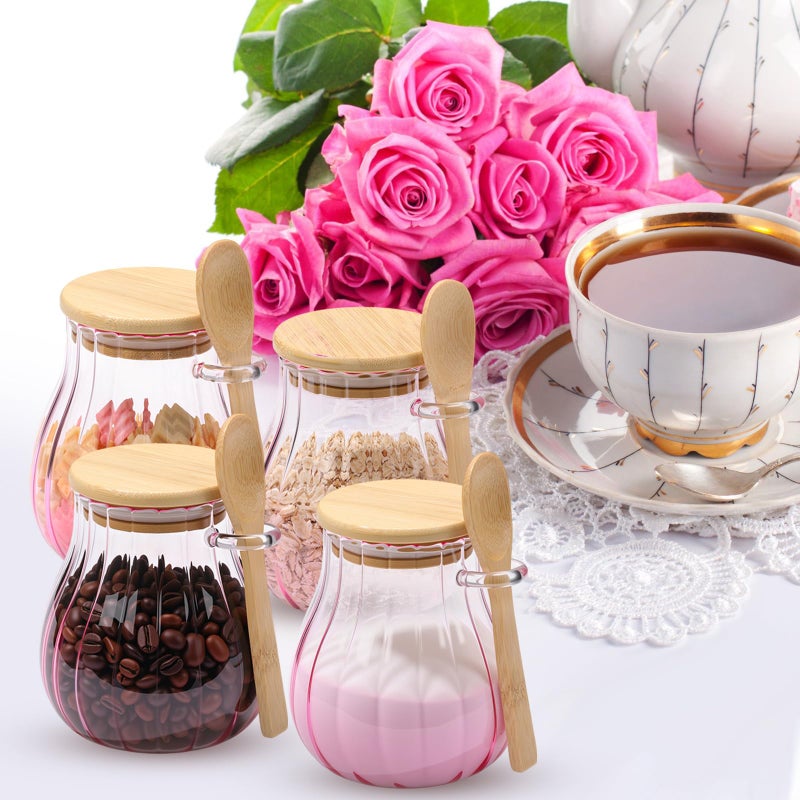 Willinglong Pink 4 Pack Coffee and Sugar Container Set with Bamboo Lid Spoon 15 oz Glass Canister Jar with Airtight Lid for Brown Sugar Tea Keeper Storage Container for Kitchen Office Coffee Bar - Image 3