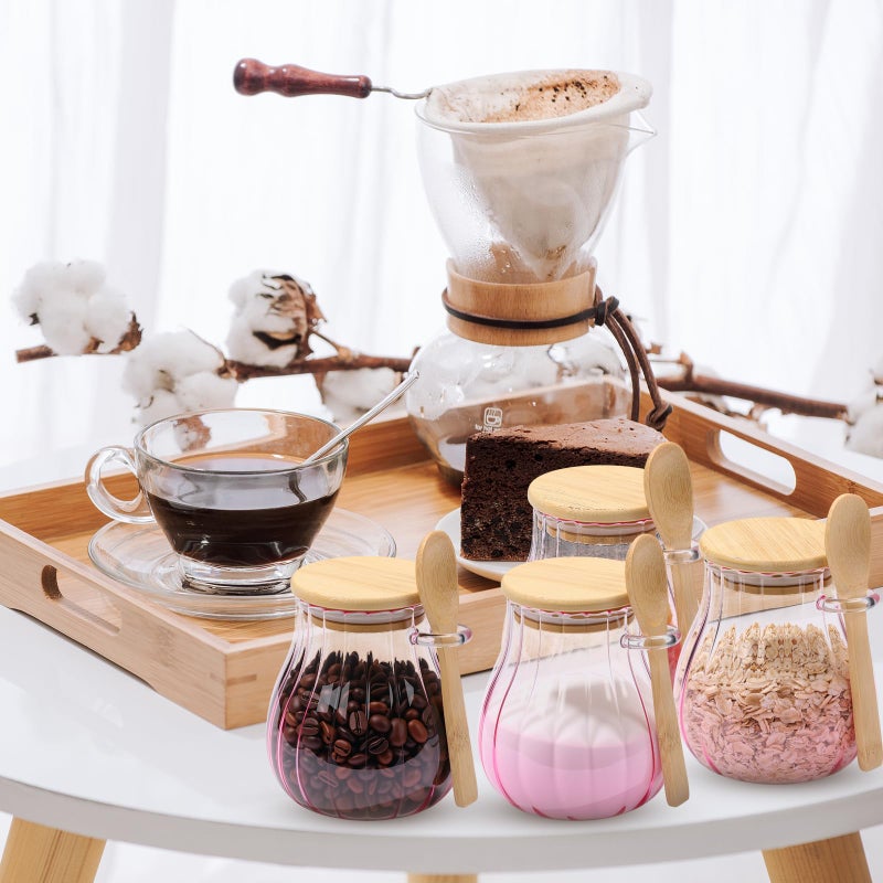 Willinglong Pink 4 Pack Coffee and Sugar Container Set with Bamboo Lid Spoon 15 oz Glass Canister Jar with Airtight Lid for Brown Sugar Tea Keeper Storage Container for Kitchen Office Coffee Bar - Image 2