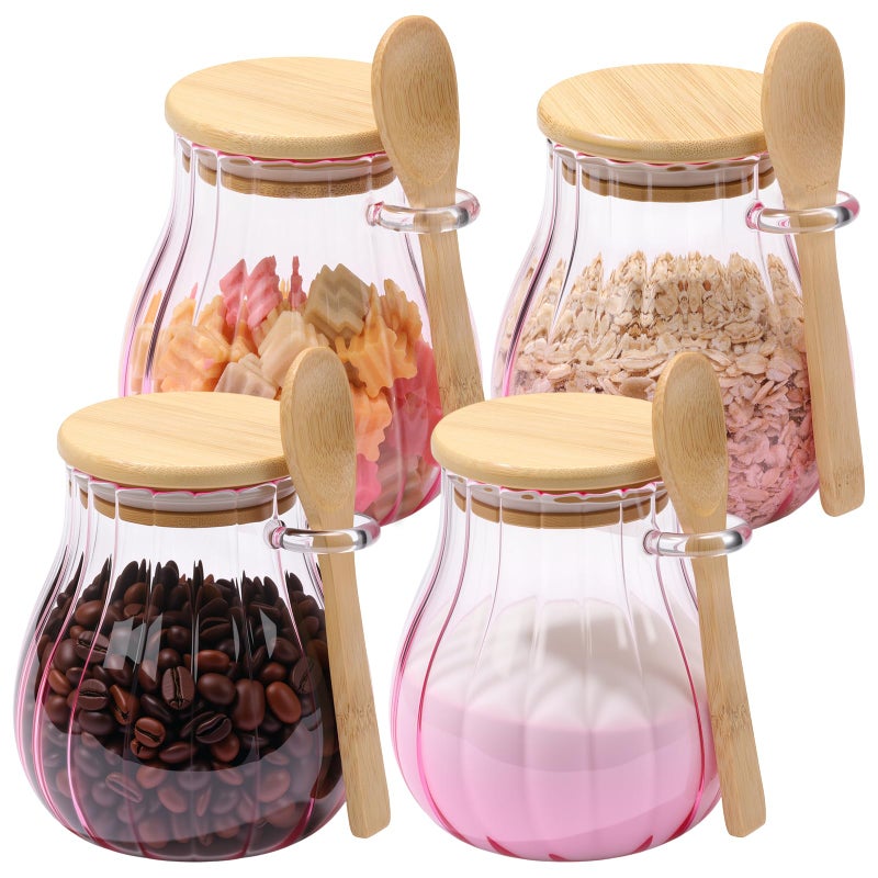 Willinglong Pink 4 Pack Coffee and Sugar Container Set with Bamboo Lid Spoon 15 oz Glass Canister Jar with Airtight Lid for Brown Sugar Tea Keeper Storage Container for Kitchen Office Coffee Bar - Image 1