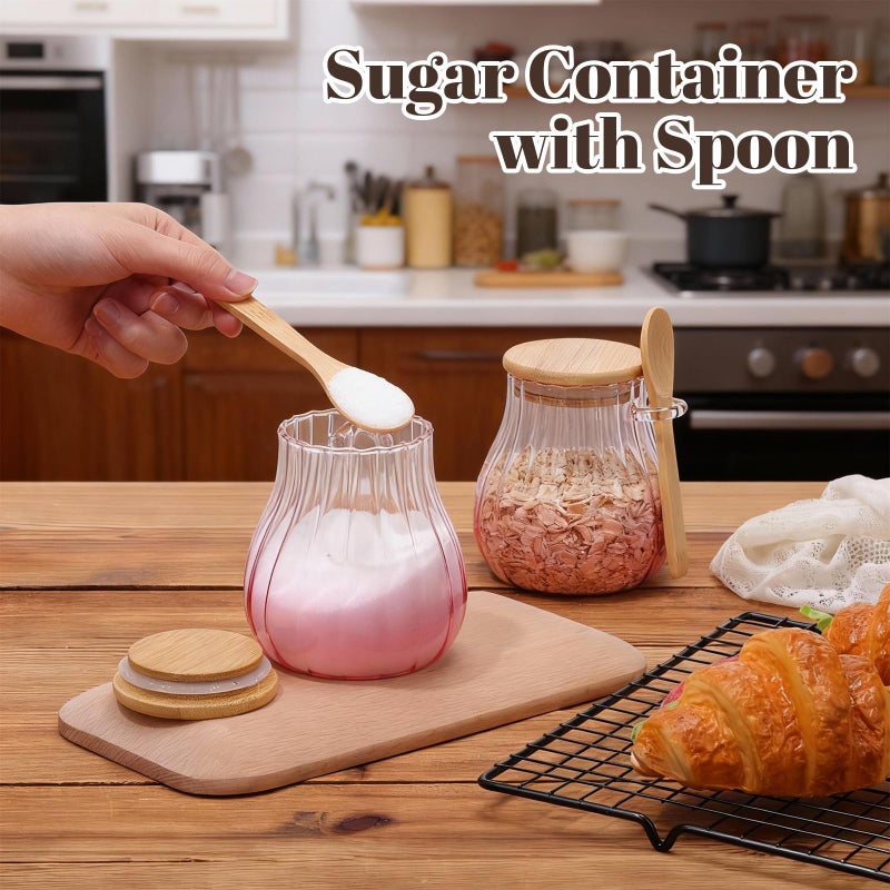 Willinglong Pink 4 Pack Coffee and Sugar Container Set with Bamboo Lid Spoon 15 oz Glass Canister Jar with Airtight Lid for Brown Sugar Tea Keeper Storage Container for Kitchen Office Coffee Bar - Image 4