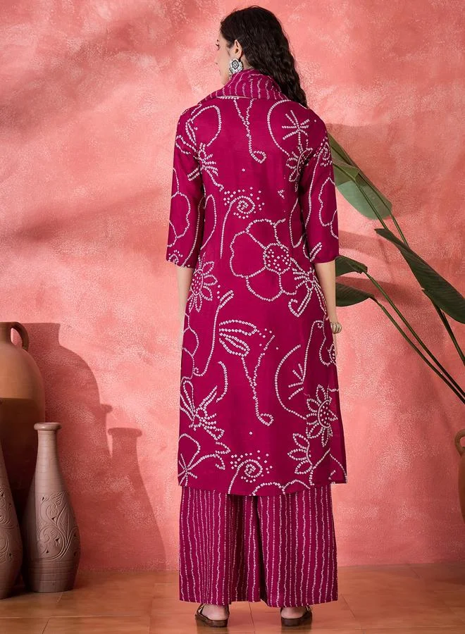 Sanskrutihomes Pink Bandhani Print Kurta and Pants Set with Dupatta