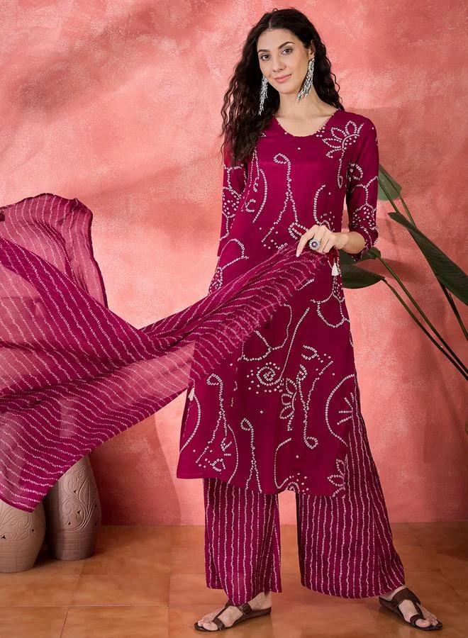 Sanskrutihomes Pink Bandhani Print Kurta and Pants Set with Dupatta