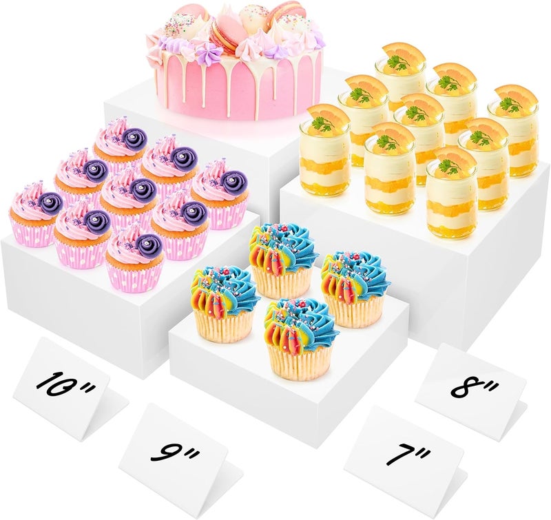 BreeziiDesign 10” Large Buffet Risers with Mini Signs, Table Risers, Buffet Risers and Stands, Acrylic Cube Display Box Riser for Catering Party Buffet Table Food Display, Dessert, Cakes - White, Set of 4 Boxes - Image 1