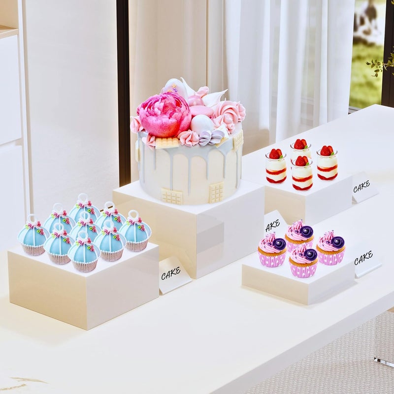BreeziiDesign 10” Large Buffet Risers with Mini Signs, Table Risers, Buffet Risers and Stands, Acrylic Cube Display Box Riser for Catering Party Buffet Table Food Display, Dessert, Cakes - White, Set of 4 Boxes - Image 4