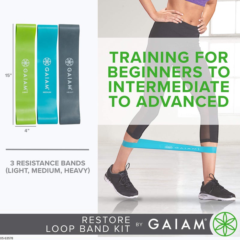 Gaiam Restore Loop Band Kit,Set of 3, Light, Medium,Heavy Lower Body Loop Resistance Bands for Legs and Booty Exercises & Workouts,15"x 4"Bands - Image 5