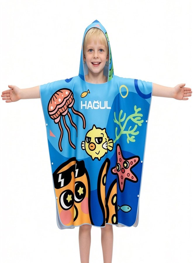 HAGUL Kids Hooded Beach Poncho, 66×70cm, Soft & Quick-Dry with Fun Ocean Prints, Lightweight Swim Towel for Pool, Beach & Water Park (Ages5-9) (Blue, Small) - Image 1