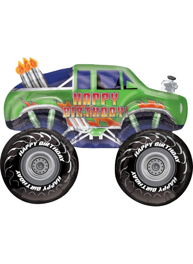 Mayflower Products - 31 Inch Green Happy Birthday Monster Truck Foil Balloon - Image 1