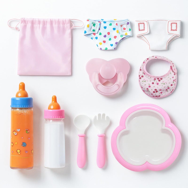 SCOM Reborn Baby Doll Accessories 10 Pcs Feeding Set Magic Disappearing Bottle with Milk Juice Pretend Play Toy with Alive Diaper Magnetic Pacifier Bib Tableware for Toddler Kid Gift Pink - Image 3