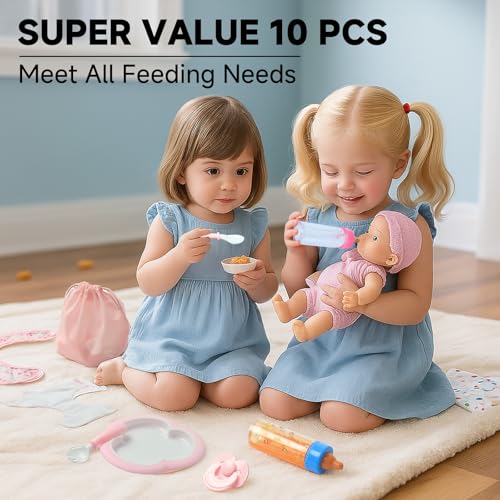 SCOM Reborn Baby Doll Accessories 10 Pcs Feeding Set Magic Disappearing Bottle with Milk Juice Pretend Play Toy with Alive Diaper Magnetic Pacifier Bib Tableware for Toddler Kid Gift Pink - Image 5