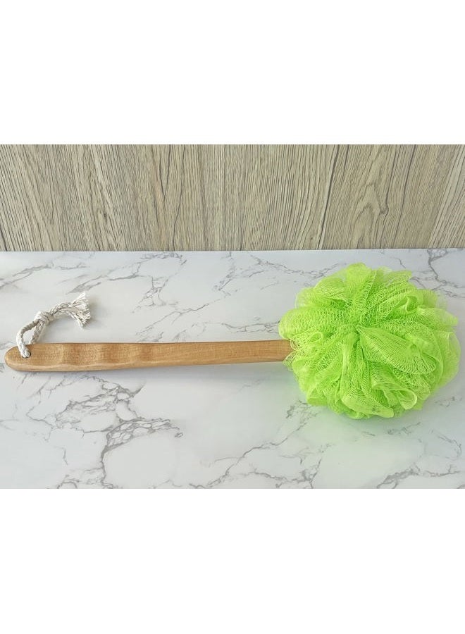 JINS-Hung Shower Loofah Body & Back Scrubber - Exfoliating Loofah Bath Brush On a Stick - With Long Wooden Handle Back Brush For Men & Women - Easy Reach Body Wash & Lotion Applicator（Green） - Image 3