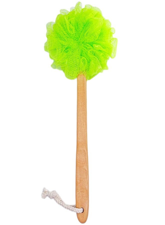 JINS-Hung Shower Loofah Body & Back Scrubber - Exfoliating Loofah Bath Brush On a Stick - With Long Wooden Handle Back Brush For Men & Women - Easy Reach Body Wash & Lotion Applicator（Green） - Image 1