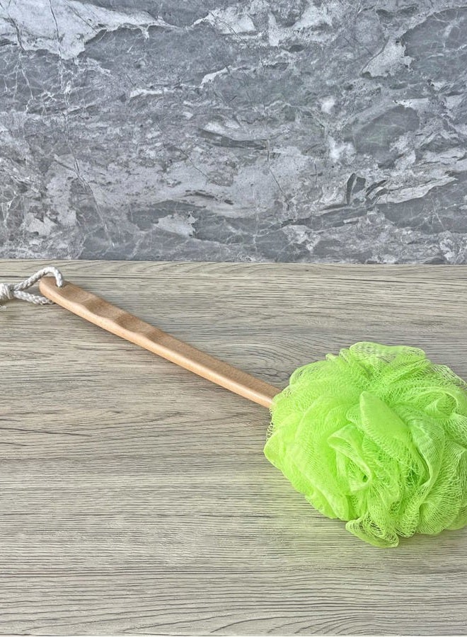 JINS-Hung Shower Loofah Body & Back Scrubber - Exfoliating Loofah Bath Brush On a Stick - With Long Wooden Handle Back Brush For Men & Women - Easy Reach Body Wash & Lotion Applicator（Green） - Image 4