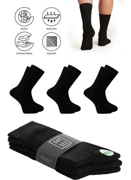Saysez Bamboo Men's Socket Long Plain Black Socks Seamless Premium Package 3 Pack / Washable Scented Soft Socks