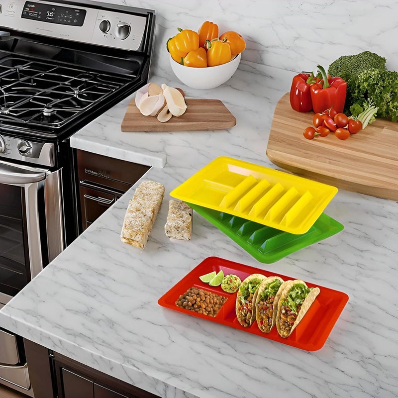 BNYD 3 Pack Taco Holder Stand, Colorful Plastic Taco Plates for Hard & Soft Shell Tacos, Assorted Colors, Holds 4 Tacos Each, Dishwasher Safe - Image 4
