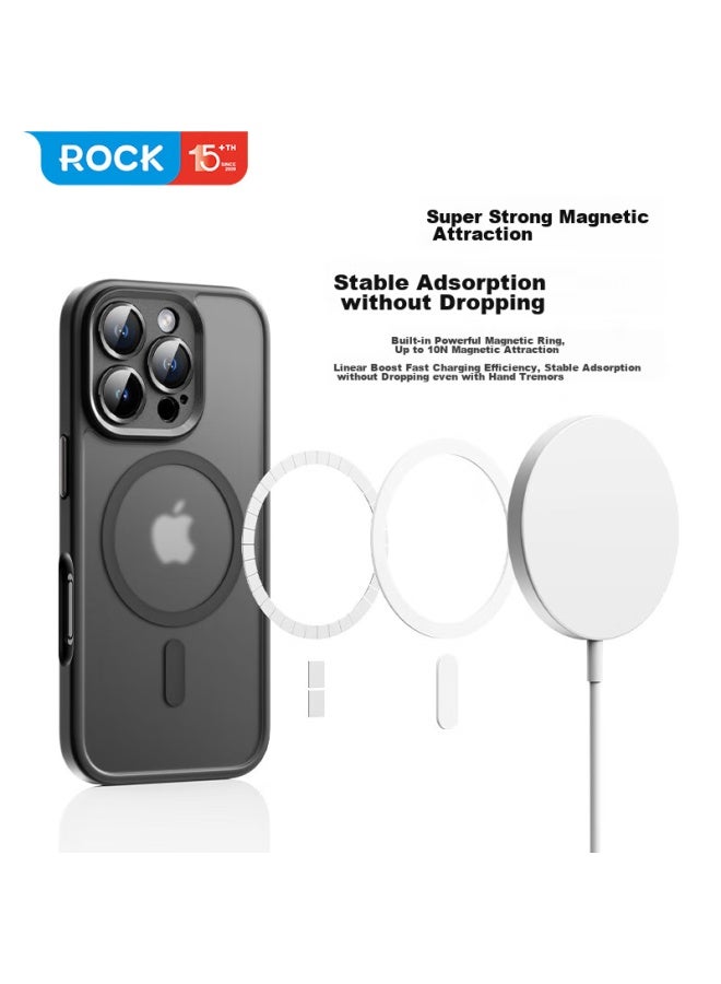 روك غلاف هاتف Rock المتوافق مع Apple 16 Pro Max، غطاء واقي لآيفون 16 Pro Max، مغناطيسي Magsafe، مقاوم للصدمات، حماية كاملة للعدسة، فتحات دقيقة، تصميم بسيط، مقاوم لبصمات الأصابع، للرجال والنساء، أسود - Image 1
