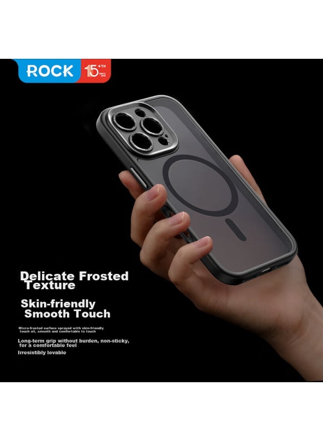 روك غلاف هاتف Rock المتوافق مع Apple 16 Pro Max، غطاء واقي لآيفون 16 Pro Max، مغناطيسي Magsafe، مقاوم للصدمات، حماية كاملة للعدسة، فتحات دقيقة، تصميم بسيط، مقاوم لبصمات الأصابع، للرجال والنساء، أسود - Image 3