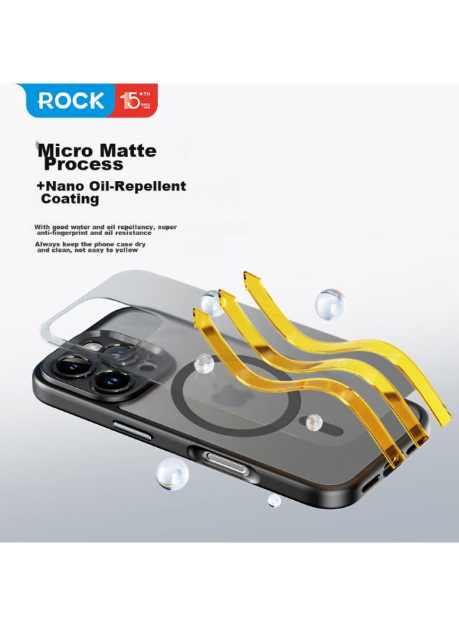 روك غلاف هاتف Rock المتوافق مع Apple 16 Pro Max، غطاء واقي لآيفون 16 Pro Max، مغناطيسي Magsafe، مقاوم للصدمات، حماية كاملة للعدسة، فتحات دقيقة، تصميم بسيط، مقاوم لبصمات الأصابع، للرجال والنساء، أسود - Image 2