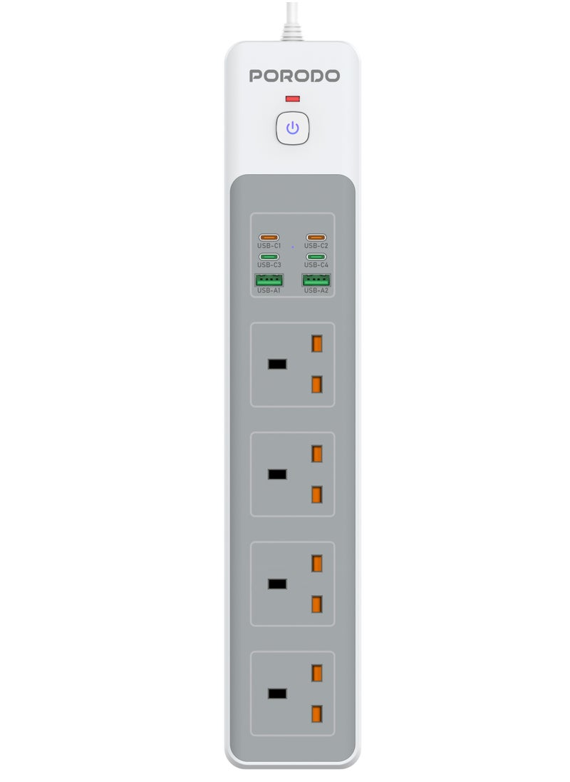 porodo 4AC Power Strip 3000W / 65W Total DC Power / Fast Charging / Built-In Safeguards / PD 35W / PC Material / Safety Power Switch / 3M UK Plug Power Cord - White  - Image 1