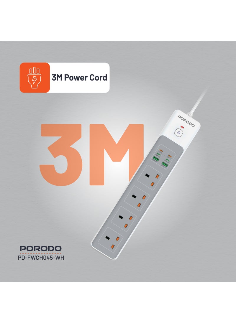 porodo 4AC Power Strip 3000W / 65W Total DC Power / Fast Charging / Built-In Safeguards / PD 35W / PC Material / Safety Power Switch / 3M UK Plug Power Cord - White  - Image 5