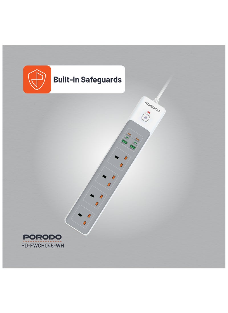 porodo 4AC Power Strip 3000W / 65W Total DC Power / Fast Charging / Built-In Safeguards / PD 35W / PC Material / Safety Power Switch / 3M UK Plug Power Cord - White  - Image 3