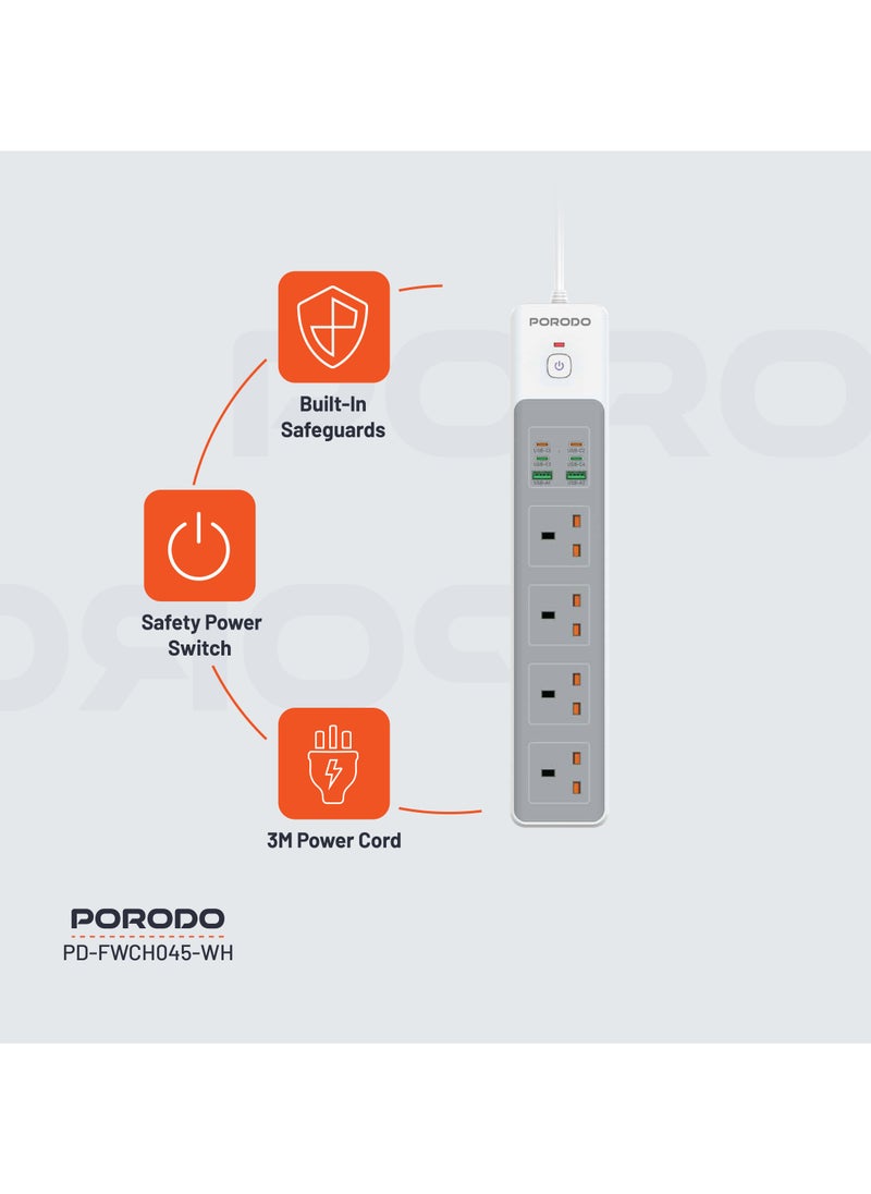 porodo 4AC Power Strip 3000W / 65W Total DC Power / Fast Charging / Built-In Safeguards / PD 35W / PC Material / Safety Power Switch / 3M UK Plug Power Cord - White  - Image 4