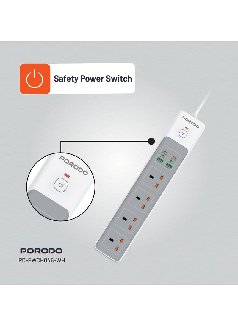 porodo 4AC Power Strip 3000W / 65W Total DC Power / Fast Charging / Built-In Safeguards / PD 35W / PC Material / Safety Power Switch / 3M UK Plug Power Cord - White  - Image 2