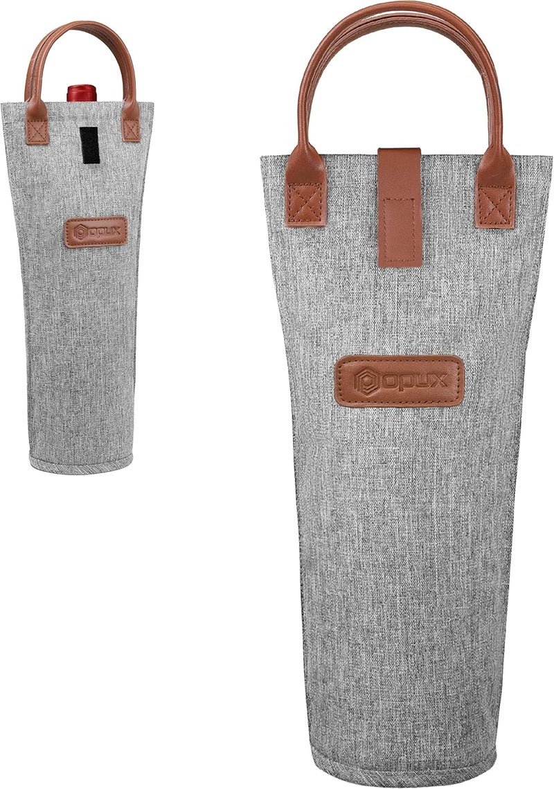 OPUX Wine Bag Single Bottle Carrier Tote, Insulated Travel Wine Cooler Bag for Picnic Beach Gift, Thermal Padded Portable One Bottle Holder Carrying Case for Women Men Wine Lovers, Heather Gray - Image 1