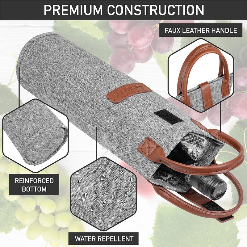 OPUX Wine Bag Single Bottle Carrier Tote, Insulated Travel Wine Cooler Bag for Picnic Beach Gift, Thermal Padded Portable One Bottle Holder Carrying Case for Women Men Wine Lovers, Heather Gray - Image 5