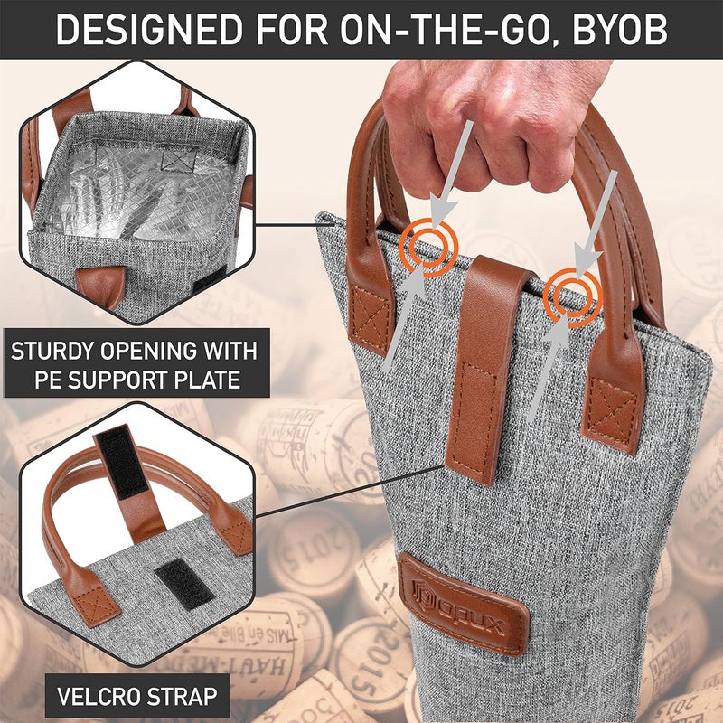 OPUX Wine Bag Single Bottle Carrier Tote, Insulated Travel Wine Cooler Bag for Picnic Beach Gift, Thermal Padded Portable One Bottle Holder Carrying Case for Women Men Wine Lovers, Heather Gray - Image 4