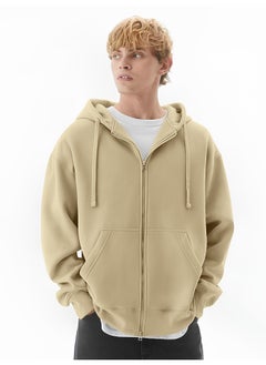 Maniac Mens Solid Hooded Neck Full Sleeve Full Zipper Open Beige French Terry Loose fit Sweatshirt  - Image 1