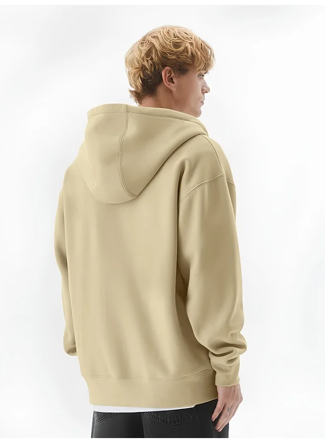 Maniac Mens Solid Hooded Neck Full Sleeve Full Zipper Open Beige French Terry Loose fit Sweatshirt