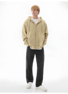 Maniac Mens Solid Hooded Neck Full Sleeve Full Zipper Open Beige French Terry Loose fit Sweatshirt  - Image 5