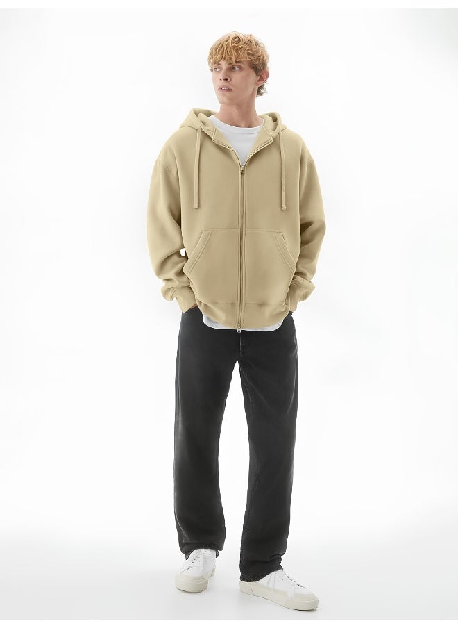 Maniac - Mens Solid Hooded Neck Full Sleeve Full Zipper Open Beige French Terry Loose fit Sweatshirt - Image 1